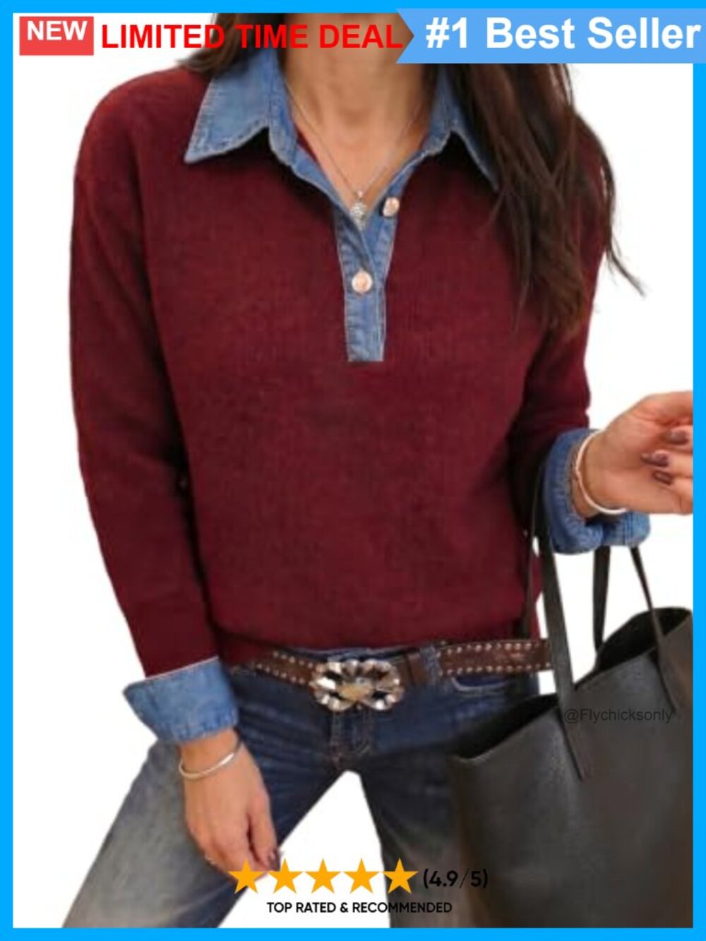 Womens Chunky Knit Pullover Sweater Faux Layered Denim Collar Oversized